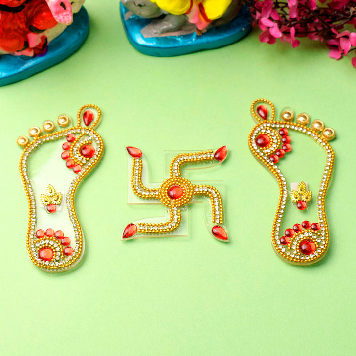 Cultural Whorls Charanpaduka with Swastik sticker combo featuring traditional footprint and Swastik symbols, ideal for invoking divine energy, prosperity, and spiritual protection in homes and sacred spaces. India’s Largest Pooja Accessories Brand – www.satvikstore.in