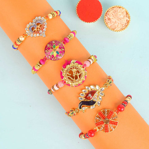 Set of 5 Designer Rakhi Threads with Roli Chawal and Ram Sita Stickers for Raksha Bandhan Celebration. Indiaβs Largest Pooja Accessories Brand - www.satvikstore.in