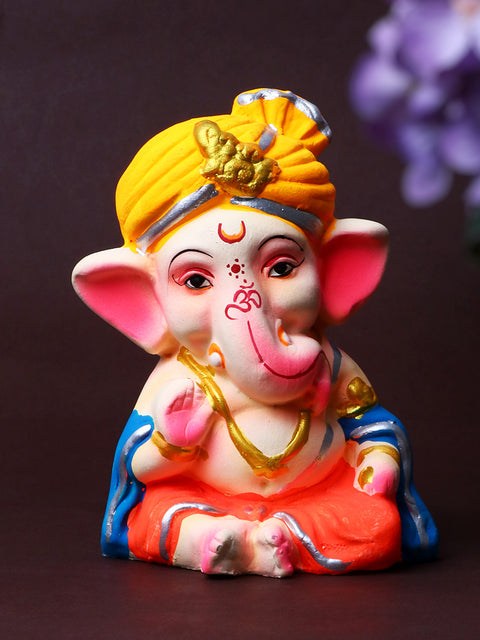 4.3 Inch Adorable Colorful Bal Ganesha Idol with Traditional Pagdi, eco-friendly and handcrafted from shadu mati for Ganesh Chaturthi celebrations. Indiaβs Largest Pooja Accessories Brand β www.satvikstore.in