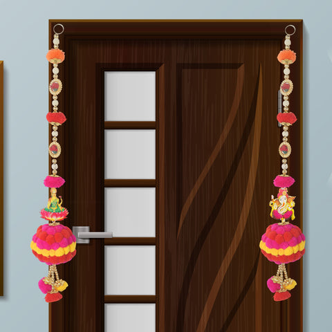 Vibrant Colorful Pom Pom Wall Hanging Pair Featuring Ganesha and Lakshmi for Traditional Festive Home and Pooja Room Decoration. Indiaβs Largest Pooja Accessories Brand β www.satvikstore.in