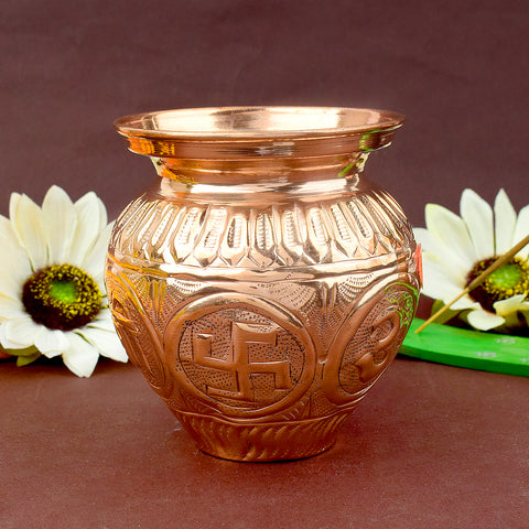 Copper Om Swastik Lota, beautifully crafted with sacred Om and Swastik symbols, ideal for storing holy water during pooja and spiritual rituals. 
Indiaβs Largest Pooja Accessories Brand β www.satvikstore.in