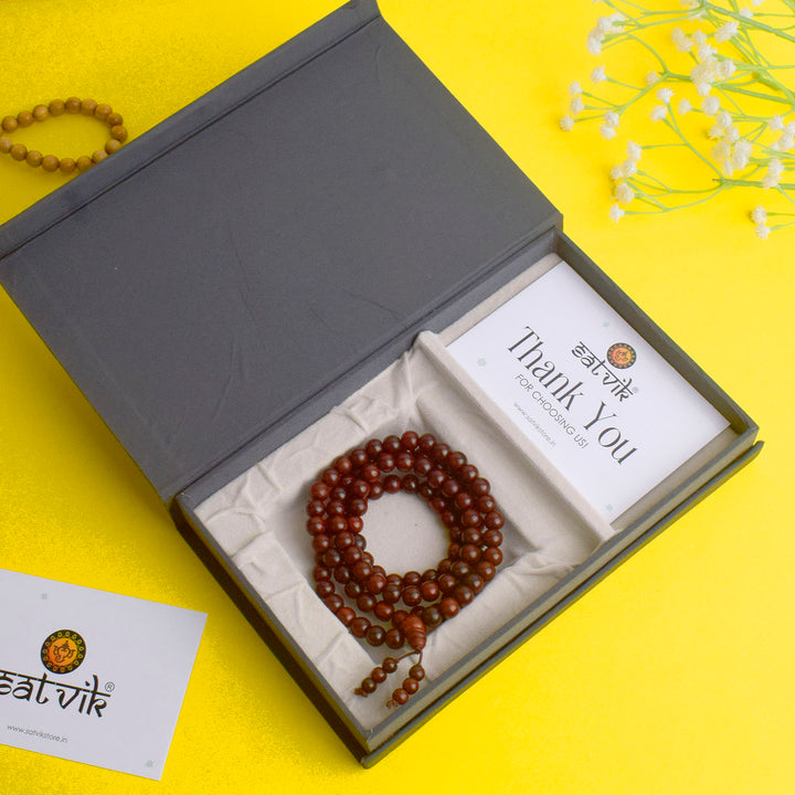 Red Sandalwood (Chandan) Jap Mala made with pure and sacred beads, perfect for spiritual chanting, meditation, and devotion. India’s Premium Jap Mala Store- www.satvikstore.in
