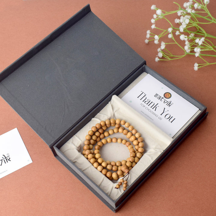 100% Original Authentic White Sandalwood (Chandan) Jap Mala with smooth, fragrant beads, ideal for meditation, prayer, and spiritual rituals. India’s Premium Jap Mala Store- www.satvikstore.in
