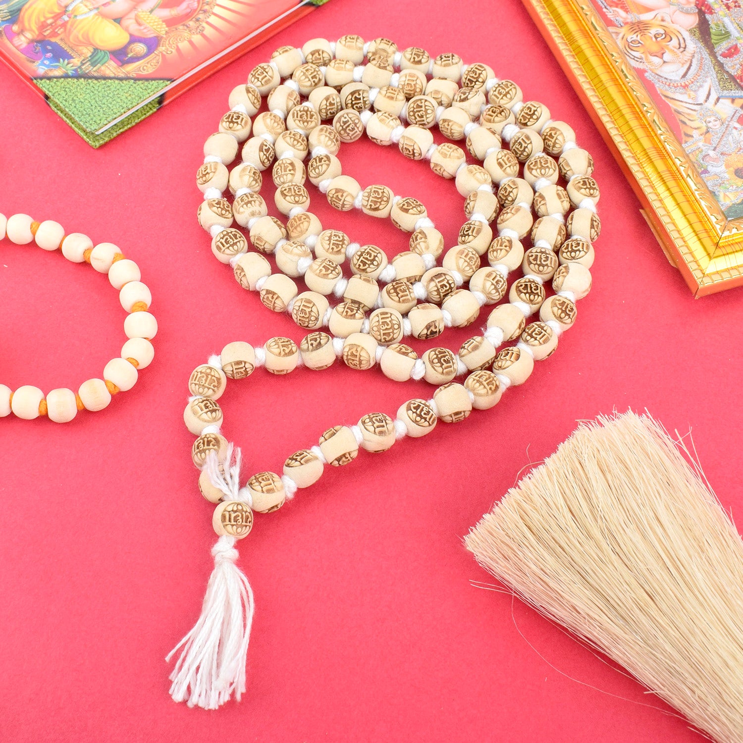 Handcrafted Wooden Jap Mala featuring smooth wooden beads with 'Radha Radha' engraving, ideal for devotional chanting and meditation. Indiaβs Premium Jap Mala Store- www.satvikstore.in