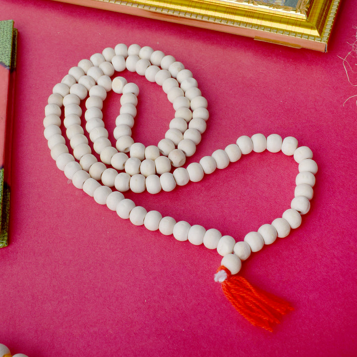 Handcrafted Wooden White Jap Mala made with finely polished white wooden beads, ideal for mantra chanting, meditation, and spiritual use. Indiaβs Premium Jap Mala Store- www.satvikstore.in