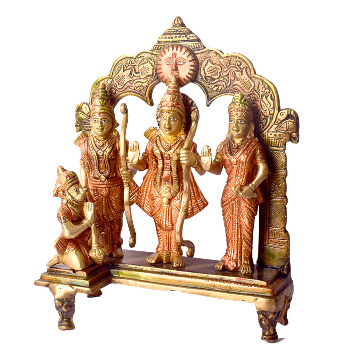 Large Brass Idol of 10.2 Inch Elegant Brass Ram Darbar Murti. Bring divine grace and positivity into your home with this beautifully crafted Brass Small Ram Darbar Idol, featuring Lord Rama, Sita, Lakshman, and Hanuman. Symbolizing love, devotion, and protection, this intricately detailed idol is perfect for enhancing your home temple, Pooja room, or spiritual décor.