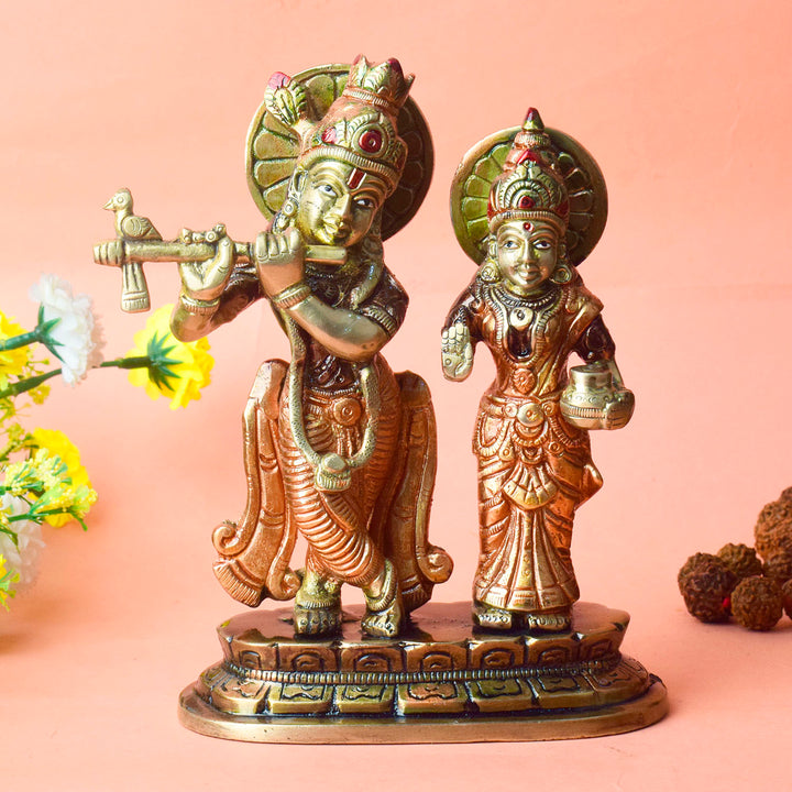 The 6.7 Inch The Divine Duo β Radha Krishna Idol of Sacred Love beautifully captures the eternal bond between Radha and Krishna, embodying the essence of divine love and spiritual connection. This intricately crafted idol depicts Radha and Krishna in a timeless and serene pose, with Krishna playing his flute and Radha standing gracefully by his side.