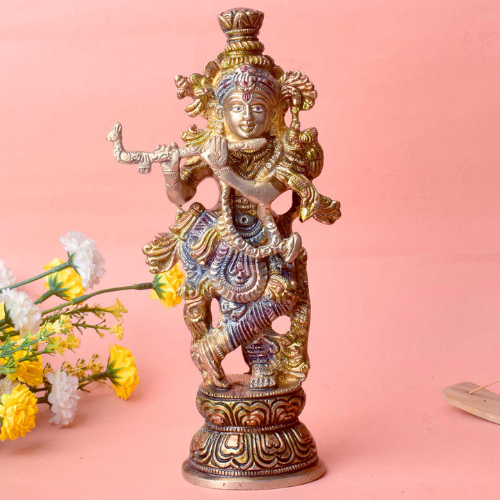 The 9.3 Inch Krishna Idol A Spiritual Icon of Joy and Devotion beautifully captures the essence of Lord Krishna’s divine playfulness and unwavering devotion. Crafted with intricate detail, this idol showcases Krishna in a serene and joyful pose, with his flute in hand, symbolizing the melody of love and spiritual bliss.