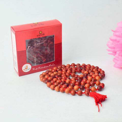 Regular Red Sandalwood (Chandan Lal) Jap Mala with natural aromatic beads, perfect for daily prayer, chanting, and meditation practices. Indiaβs Premium Jap Mala Store- www.satvikstore.in