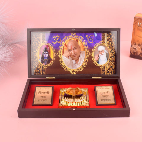 Gold Plated Wooden Guru Ji Sukrana Charan Paduka Prayer Box with Mahadev and Waheguru