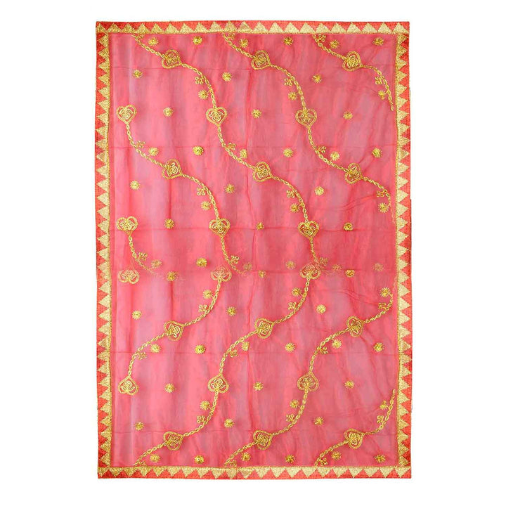 Divine Mata Ki Chunri in a striking red-pink shade, adorned with intricate golden embroidery featuring symmetrical floral and chain motifs. Measuring 220 cm (87 inches) in length and 103 cm (40 inches) in height, this Chunri is ideal for Mata Rani’s Prasad, temple offerings, and Devi puja during Navratri. The border showcases a traditional golden triangular pattern, adding a regal touch.
Shop Matarani Ki Chunri, Mata Ki Chunni Online, Mata Ki Chunni Big Size, and more at Satvik Store. Discover the perfect