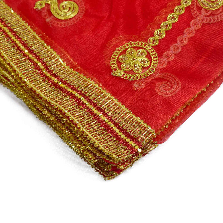 Beautiful Mata Ki Chunri with intricate golden embroidery in vertical patterns, featuring floral and swirl motifs. Measuring 225 cm (89 inches) in length and 104 cm (41 inches) in height, this Chunri is perfect for Devi puja, temple offerings, and festive occasions like Navratri and Durga Puja. The shimmering golden border enhances its divine appeal.
Shop Big Size Mata Ki Chunri, Devi Chunri for Puja, and more at Satvik Store. An ideal offering for temple rituals and sacred ceremonies