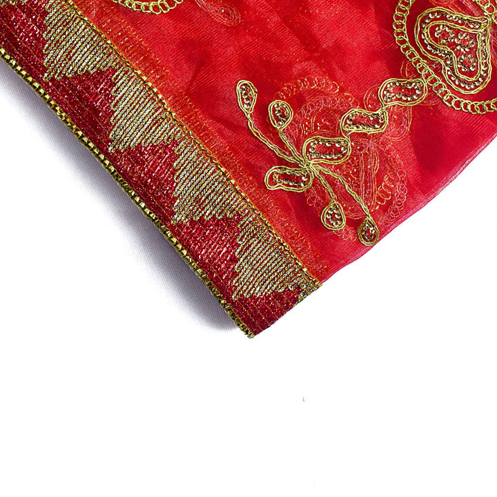 Premium Mata Ki Chunri with golden embroidered vertical patterns featuring traditional floral and swirl designs. This Chunri measures 216 cm (85 inches) in length and 100 cm (39 inches) in height, making it ideal for Devi Puja, temple offerings, and festive celebrations like Navratri and Durga Puja. The rich golden border enhances its elegance and sacred significance.
Shop Big Size Mata Ki Chunri, Devi Chunri for Puja, and more at Satvik Store. A perfect offering for temple rituals and religious ceremonies