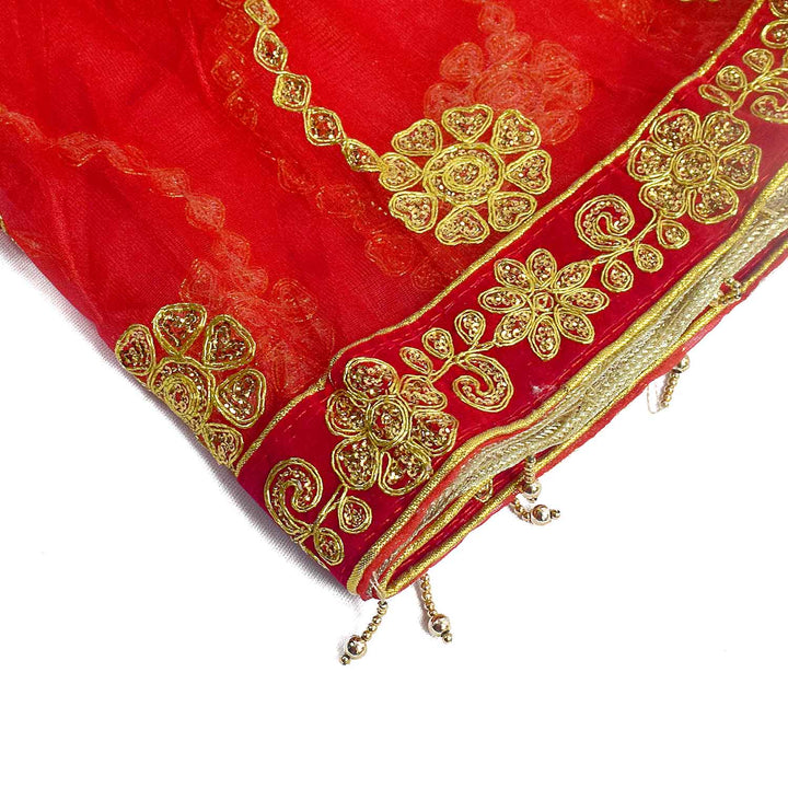 Elegant Mata Ki Chunri featuring intricate golden wave-like embroidery, perfect for Devi Puja, temple offerings, and religious ceremonies. Measuring 214 cm (84 inches) in length and 103 cm (40.5 inches) in height, this Chunri is crafted from high-quality fabric with ornate gold detailing. Ideal for Navratri, Durga Puja, and festive decorations.
Shop Designer Mata Ki Chunri, Traditional Devi Chunri, and more at Satvik Store for authentic spiritual products.