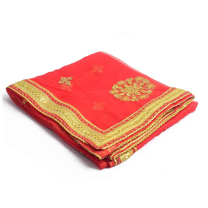 Sacred Mata Ki Chunri in red and gold, measuring 214 cm (84 inches) in length and 110 cm (43 inches) in height. This divine dupatta showcases an elegant design with golden floral circular motifs and small diamond-shaped patterns, representing spirituality and devotion. The shimmering fabric is enhanced with a rich golden border, making it perfect for pooja rituals, temple offerings, and festive celebrations.
Shop Matarani Ki Chunri, Mata Ki Chunni Online, and Big Size Chunni Online at Satvik Store. Get hig