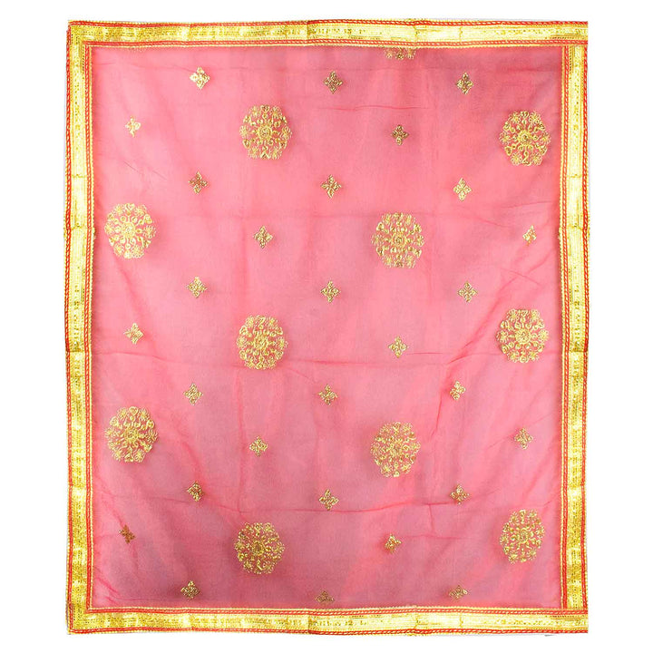 Sacred Mata Ki Chunri in red and gold, measuring 214 cm (84 inches) in length and 110 cm (43 inches) in height. This divine dupatta showcases an elegant design with golden floral circular motifs and small diamond-shaped patterns, representing spirituality and devotion. The shimmering fabric is enhanced with a rich golden border, making it perfect for pooja rituals, temple offerings, and festive celebrations.
Shop Matarani Ki Chunri, Mata Ki Chunni Online, and Big Size Chunni Online at Satvik Store. Get hig