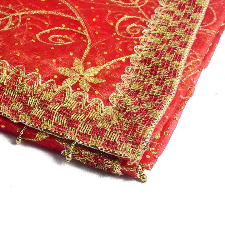 Traditional Mata Ki Chunri in red and gold, measuring 214 cm (84 inches) in length and 104 cm (41 inches) in height. This divine dupatta features an intricate golden floral vine pattern with delicate leaves and star-shaped motifs, symbolizing prosperity and devotion. The shimmering fabric is complemented by a richly designed golden border, enhancing its elegance. Ideal for pooja rituals, temple offerings, and festive celebrations.
Shop Matarani Ki Chunri, Mata Ki Chunni Online, and Big Size Chunni Online