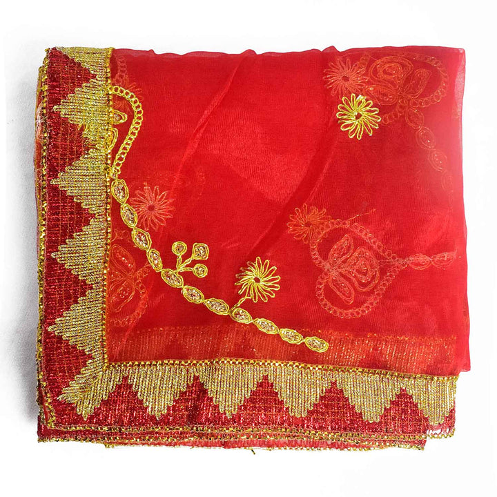 Divine Mata Ki Chunri in a striking red-pink shade, adorned with intricate golden embroidery featuring symmetrical floral and chain motifs. Measuring 220 cm (87 inches) in length and 103 cm (40 inches) in height, this Chunri is ideal for Mata Rani’s Prasad, temple offerings, and Devi puja during Navratri. The border showcases a traditional golden triangular pattern, adding a regal touch.
Shop Matarani Ki Chunri, Mata Ki Chunni Online, Mata Ki Chunni Big Size, and more at Satvik Store. Discover the perfect