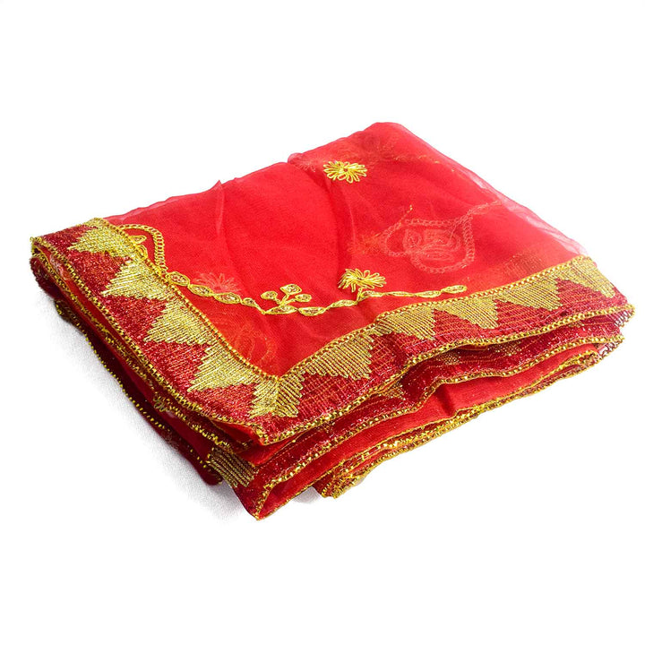 Divine Mata Ki Chunri in a striking red-pink shade, adorned with intricate golden embroidery featuring symmetrical floral and chain motifs. Measuring 220 cm (87 inches) in length and 103 cm (40 inches) in height, this Chunri is ideal for Mata Rani’s Prasad, temple offerings, and Devi puja during Navratri. The border showcases a traditional golden triangular pattern, adding a regal touch.
Shop Matarani Ki Chunri, Mata Ki Chunni Online, Mata Ki Chunni Big Size, and more at Satvik Store. Discover the perfect
