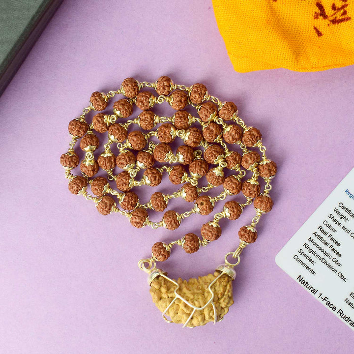 One Mukhi Rudraksha Mala with Silver Capping – Certified Spiritual Bead for Divine Connection and Awakening. India’s Premium Rudraksha Jap Mala Store- www.satvikstore .in