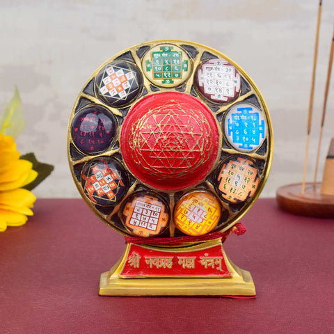 Brass Shri Navgrah Maha Yantra featuring detailed engravings of the nine planetsβdesigned to balance planetary energies, reduce doshas, and bring spiritual and material harmony. Indiaβs Largest Pooja Accessories Brand - www.satvikstore.in