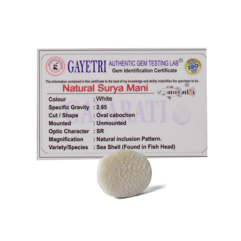 White Surya Mani (Machh Mani) stone placed on a red pooja cloth with diya and sacred items, used for Surya sadhana and spiritual strength. Indiaβs Largest Pooja Accessories Brand - www.satvikstore.in