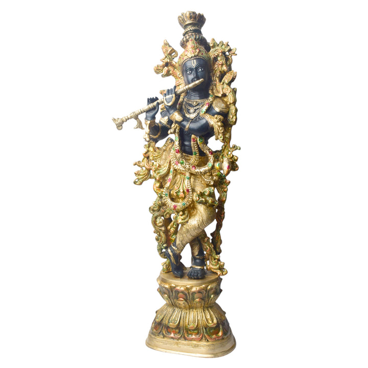 Large Brass Idol of 28 Inch Brass Krishna Sculpture with Artistic Detailing. Elevate your space with the majestic 28-inch Brass Krishna Sculpture, designed with exquisite artistic detailing. This grand piece beautifully depicts Lord Krishna in a graceful and serene posture, showcasing intricate craftsmanship that highlights every delicate feature.