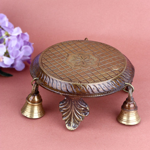2.5 Inch Decorative Brass Chowki with hanging bells and ornate design, ideal for placing idols during pooja, festive rituals, and spiritual dΓ©cor No.1 Brass Idol Store www.satvikstore.in