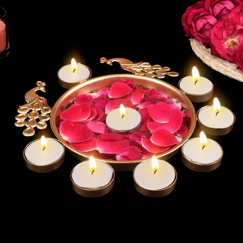 Decorative Metal Peacock Flower Urli with Tea Light β Intricately designed metal urli featuring a peacock flower motif, complete with a tea light holder for spiritual and festive dΓ©cor. Indiaβs Largest Pooja Accessories Brand β www.satvikstore.in