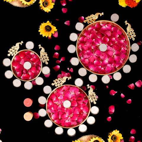 Decorative Metal Peacock Flower Urli with Tea Light (Pack of 3) β Set of three intricately designed metal urli featuring peacock flower motifs, each with a tea light holder for elegant decor. Indiaβs Largest Pooja Accessories Brand β www.satvikstore.in