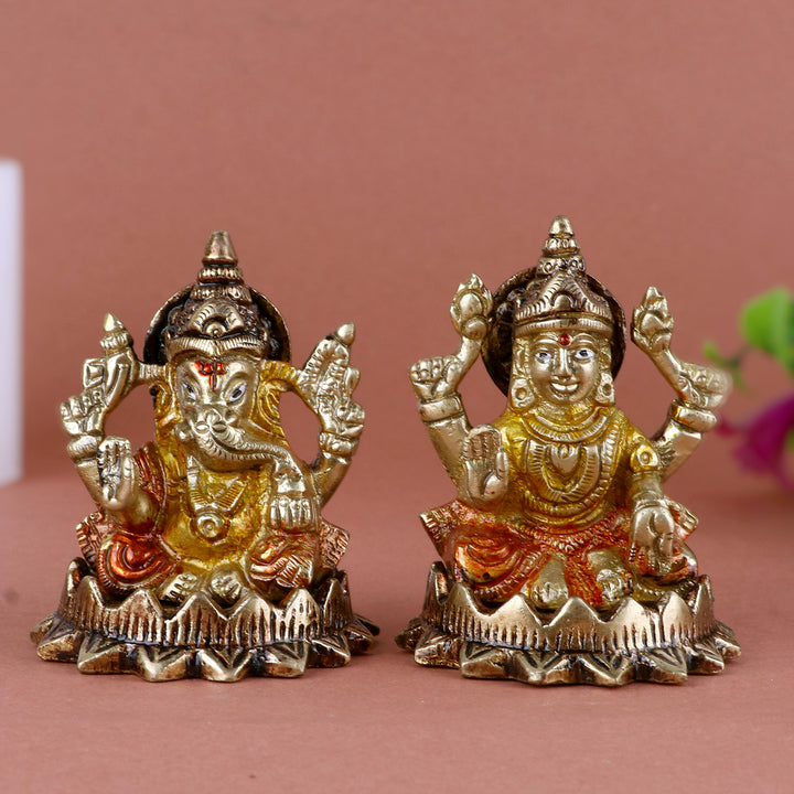 3 Inch Delightful Brass Laxmi Ganesh Idol with fine detailing and antique finish, perfect for Diwali pooja, home temple, and auspicious gifting No.1 Brass Idol Store www.satvikstore.in
