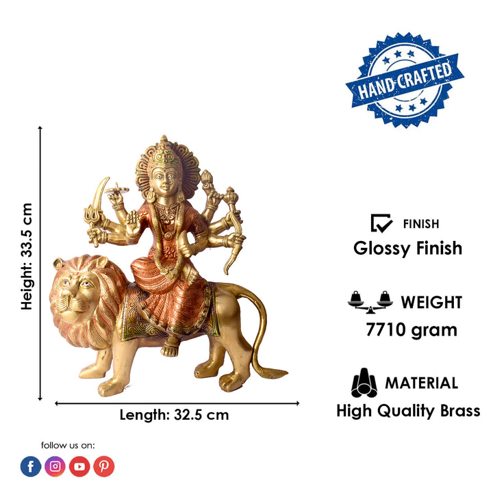 Large Brass Idol of Sherawali Mata Statue Stunning Sherawali Mata Statue β Divine Brass Idol of Goddess Durga, Symbolizing Strength & Protection, Perfect for Home, Temple, and Festive Decor.
