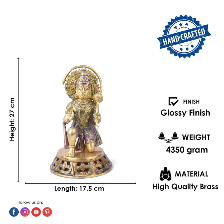 The "10.6 Inch Brass Hanuman Idol β Protector of Courage and Faith" is a stunningly detailed representation of Lord Hanuman, the embodiment of strength, devotion, and unwavering courage.