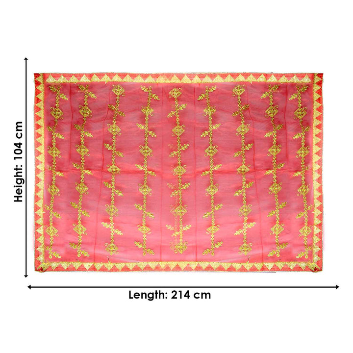 Graceful Mata Ki Chunri in a vibrant red-pink shade, embellished with vertical golden embroidery featuring intricate floral and chain patterns. This Chunri measures 214 cm (84 inches) in length and 104 cm (41 inches) in height, making it ideal for Devi puja, temple offerings, and Navratri celebrations. The border is adorned with a traditional golden triangular design, adding a divine touch.
Explore Matarani Ki Chunri, Big Size Mata Ki Chunni, and more at Satvik Store. Perfect for puja rituals