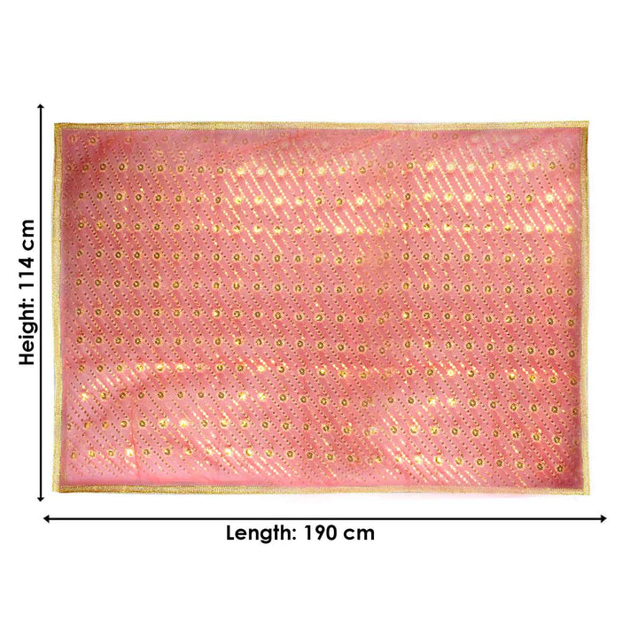 Graceful Mata Ki Chunri in a soft red-pink hue with intricate golden detailing, measuring 190 cm (75 inches) in length and 114 cm (45 inches) in height. The delicate pattern consists of small golden floral motifs arranged in diagonal rows, complemented by a shimmering gold border. This devotional chunri is ideal for temple rituals, Devi puja, Navratri offerings, and religious ceremonies.
Shop Matarani Ki Chunri, Mata Ki Chunni Online, Mata Ki Chunni Big Size, and more at Satvik Store. Find the perfect Big