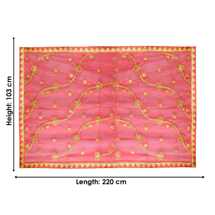 Divine Mata Ki Chunri in a striking red-pink shade, adorned with intricate golden embroidery featuring symmetrical floral and chain motifs. Measuring 220 cm (87 inches) in length and 103 cm (40 inches) in height, this Chunri is ideal for Mata Rani’s Prasad, temple offerings, and Devi puja during Navratri. The border showcases a traditional golden triangular pattern, adding a regal touch.
Shop Matarani Ki Chunri, Mata Ki Chunni Online, Mata Ki Chunni Big Size, and more at Satvik Store. Discover the perfect
