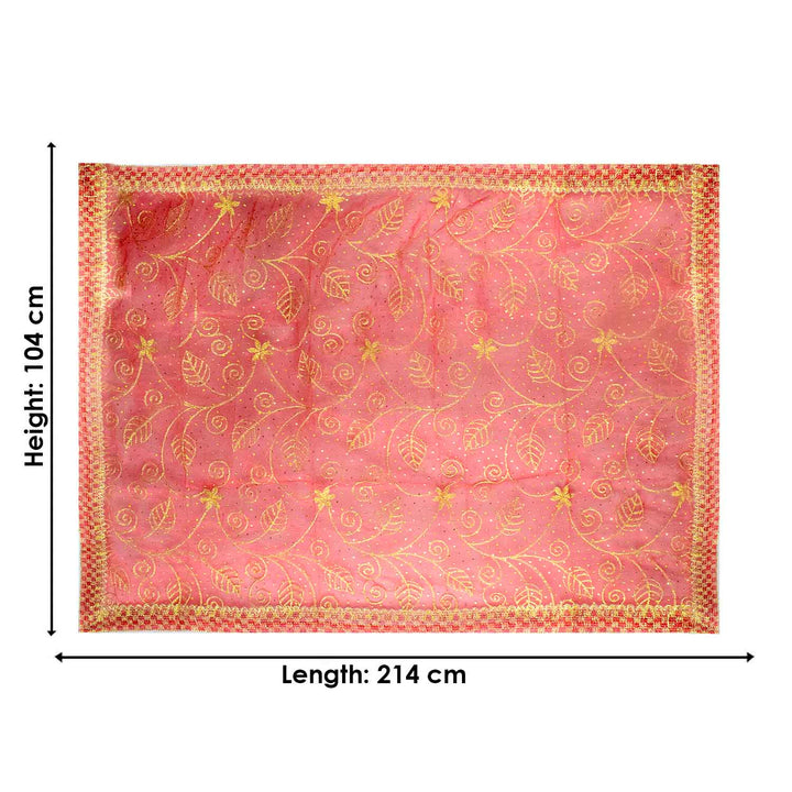 Traditional Mata Ki Chunri in red and gold, measuring 214 cm (84 inches) in length and 104 cm (41 inches) in height. This divine dupatta features an intricate golden floral vine pattern with delicate leaves and star-shaped motifs, symbolizing prosperity and devotion. The shimmering fabric is complemented by a richly designed golden border, enhancing its elegance. Ideal for pooja rituals, temple offerings, and festive celebrations.
Shop Matarani Ki Chunri, Mata Ki Chunni Online, and Big Size Chunni Online a