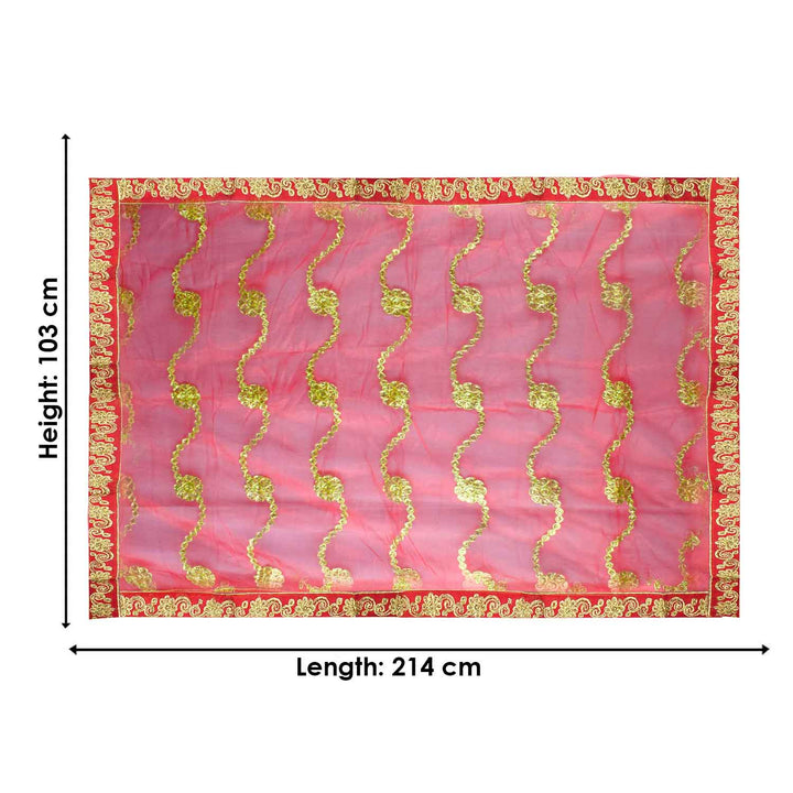 Elegant Mata Ki Chunri featuring intricate golden wave-like embroidery, perfect for Devi Puja, temple offerings, and religious ceremonies. Measuring 214 cm (84 inches) in length and 103 cm (40.5 inches) in height, this Chunri is crafted from high-quality fabric with ornate gold detailing. Ideal for Navratri, Durga Puja, and festive decorations.
Shop Designer Mata Ki Chunri, Traditional Devi Chunri, and more at Satvik Store for authentic spiritual products.