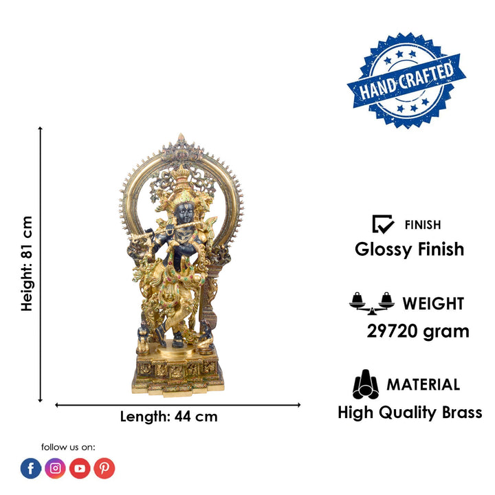 Large Brass Idol of 32 Inch Lord Krishna Stands on an Engraved Base with Frame Lord Krishna. Bring divine elegance into your home with this stunning 32-inch Lord Krishna statue. Expertly crafted with intricate details, the statue beautifully portrays Lord Krishna in a serene and graceful stance. The engraved base adds a touch of traditional artistry, while the surrounding frame enhances its majestic presence.
