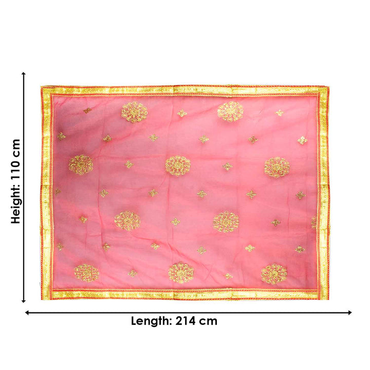 Sacred Mata Ki Chunri in red and gold, measuring 214 cm (84 inches) in length and 110 cm (43 inches) in height. This divine dupatta showcases an elegant design with golden floral circular motifs and small diamond-shaped patterns, representing spirituality and devotion. The shimmering fabric is enhanced with a rich golden border, making it perfect for pooja rituals, temple offerings, and festive celebrations.
Shop Matarani Ki Chunri, Mata Ki Chunni Online, and Big Size Chunni Online at Satvik Store. Get hig
