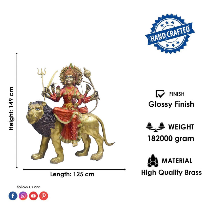 Handcrafted large brass statue of Goddess Durga riding her lion, holding multiple weapons including a trident, sword, and bow, glossy finish, weight 182000 grams (182 kg), height 149 cm (approximately 58.66 inches), length 125 cm (approximately 49.21 inches). Best for VIP Gift, best for big premium gift, best for your temple. India's Large Puja Accessories Brand - Satvikstore.in