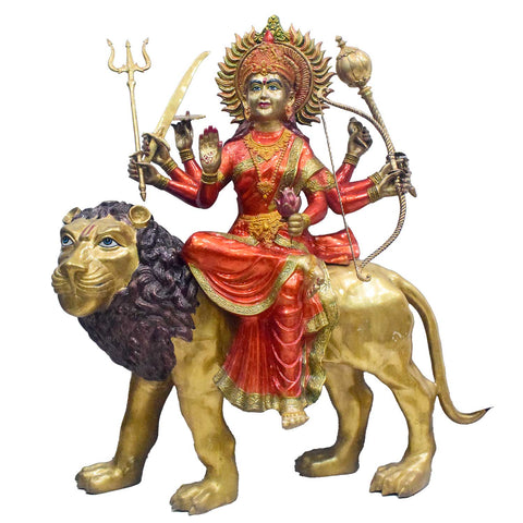 58 Inch Divine Brass Goddess Durga on Lion β Majestic Idol Symbolizing Power, Protection, and Victory for Temple or Grand Spiritual Decor. India's Largest Puja Accessories Brand - Satvik No. 1 Brass Idol Collection