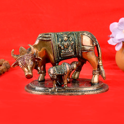 3.1 Inch Divine Brass Kamdhenu Cow with Calf Idol β Handcrafted Sacred Statue Symbolizing Prosperity, Wealth, and Spiritual Blessings for Home and Temple. No.1 Brass Idol Store www.satvikstore.in