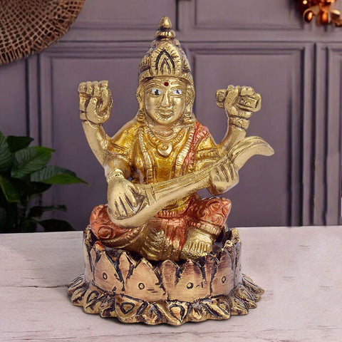 3.7 Inch Saraswati idol made of brass, ideal for home temple, study table, puja rituals, and thoughtful gifting, representing wisdom and learning. No.1 Brass Idol Store www.satvikstore.in