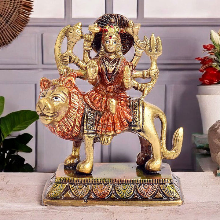 4.1 Inch elegant brass Durga Maa idol, perfect for home temple, festive décor, and spiritual ambiance during Navratri and other celebrations.No.1 Brass Idol Store www.satvikstore.in