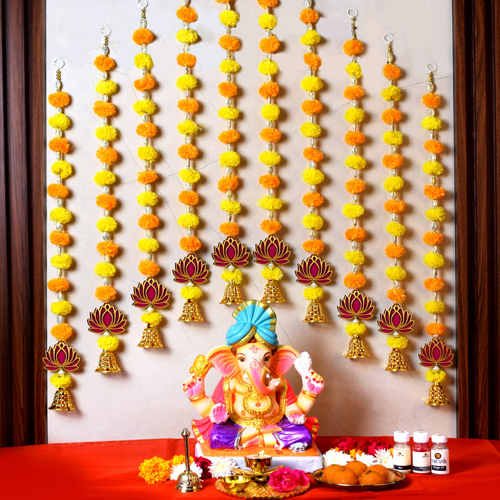 Elegant Pom Pom Lotus Backdrop (Latkan) ā Decorative hanging with colorful pom poms and lotus motifs, ideal for festive, wedding, and spiritual backdrop decoration. Indiaās Largest Pooja Accessories Brand ā www.satvikstore.in