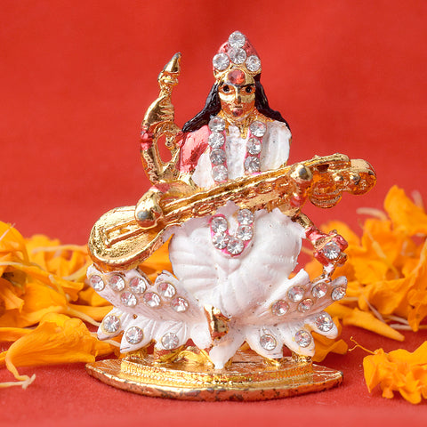 Elegant Saraswati Maa Idol holding veena, symbolizing knowledge and wisdom, intricately designed for home or office decor. Indiaβs Largest Pooja Accessories Brand β www.satvikstore.in