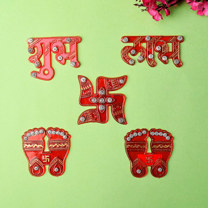 Elegant Shubh Labh and Swastik wall art ensemble with intricate whirling designs, symbolizing prosperity and positive energy in traditional Hindu decor. India’s Largest Pooja Accessories Brand – www.satvikstore.in