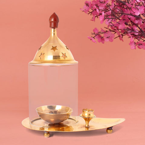 Elegant brass leaf-shaped Akhand Diya with integrated incense holder, perfect for traditional pooja rituals and home temple dΓ©cor. Indiaβs Largest Pooja Accessories Brand β www.satvikstore.in