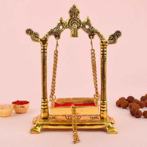 Elegant metal Laddu Gopal Jhula designed for Janmashtami celebrations, featuring intricate detailing and a traditional swing structure for pooja and home mandir dΓ©cor. Indiaβs Largest Pooja Accessories Brand β www.satvikstore.in